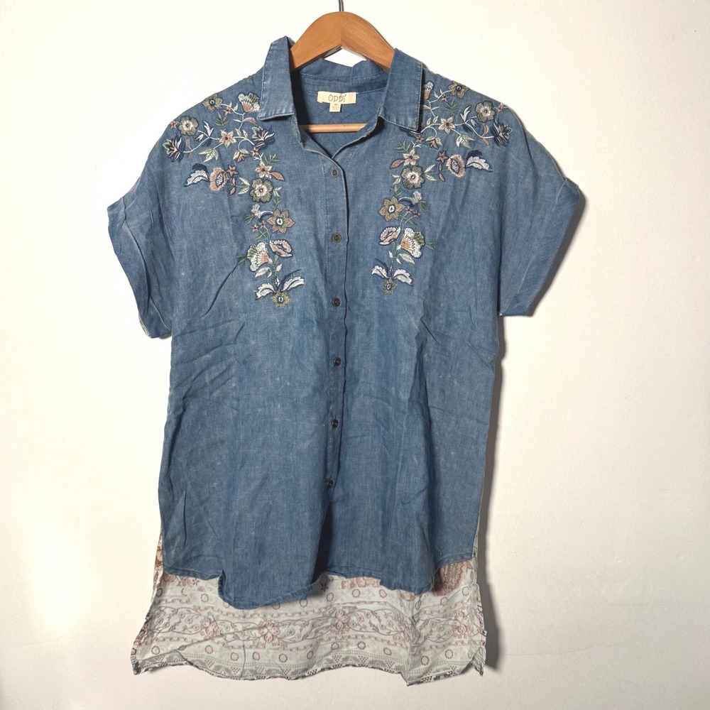 ODDI Womens Floral Embroidered Chambray MixedMedia Button Down Top Blue BNWT med